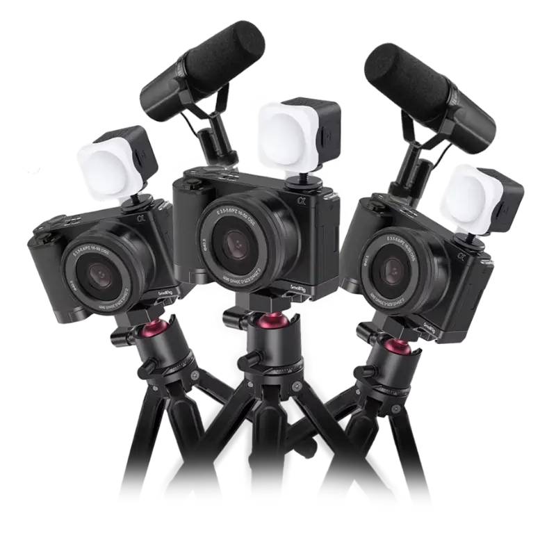 Equipo profesional ideal para la creación de contenido en Guatemala, con cámaras, micrófonos y luces diseñados para grabaciones de alta calidad.